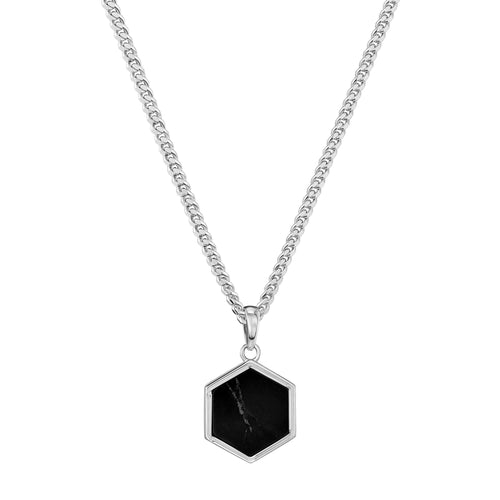 HEXAGON ZWART MARMER COLLIER 925 ZILVER GERHODINEERD - IDENTIM®