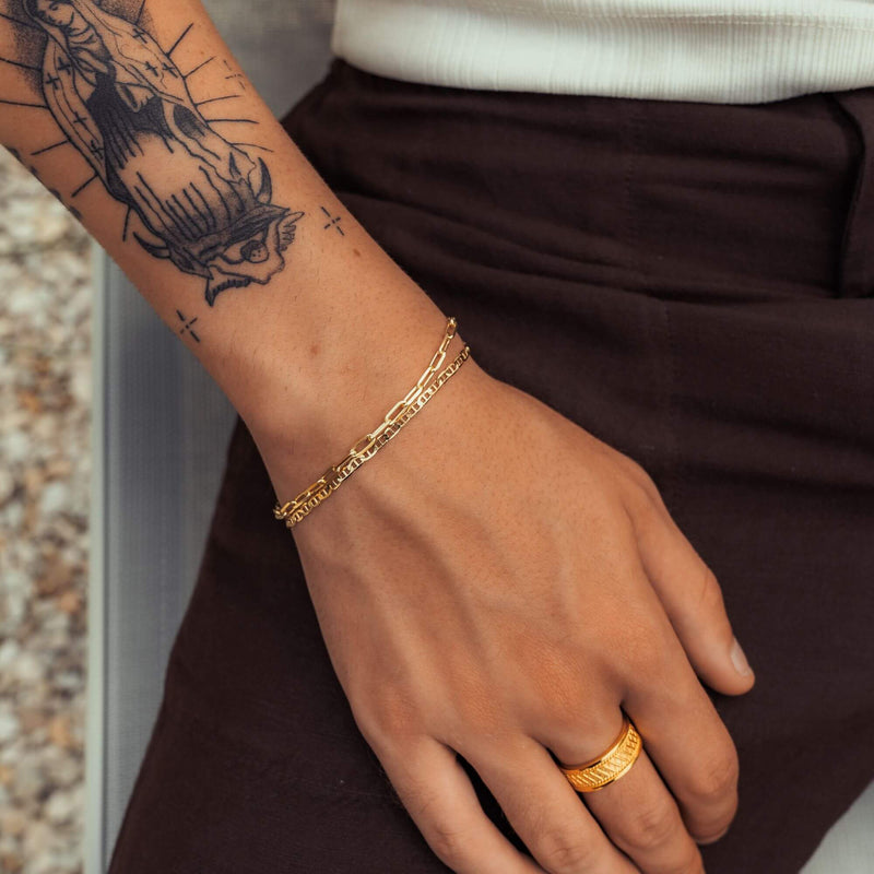 ARMBAND SET PAPERCLIP GEPANTSERDE BAR GOUDEN ARMBAND 925 ZILVER 18 KARAAT VERGULD