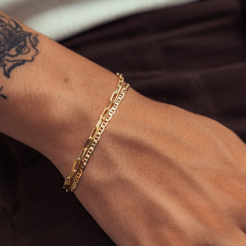 ARMBAND SET PAPERCLIP GEPANTSERDE BAR GOUDEN ARMBAND 925 ZILVER 18 KARAAT VERGULD - IDENTIM®