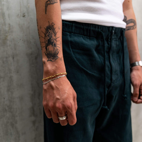 ARMBAND SET PAPERCLIP GEPANTSERDE BAR ZILVER & GOUD ARMBAND 925 ZILVER BICOLOR - IDENTIM®