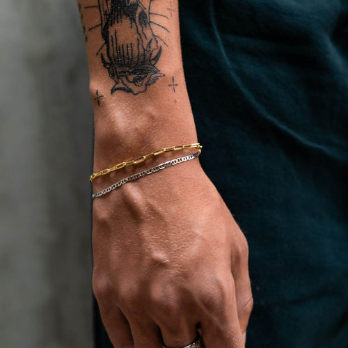 ARMBAND SET PAPERCLIP GEPANTSERDE BAR ZILVER & GOUD ARMBAND 925 ZILVER BICOLOR - IDENTIM®