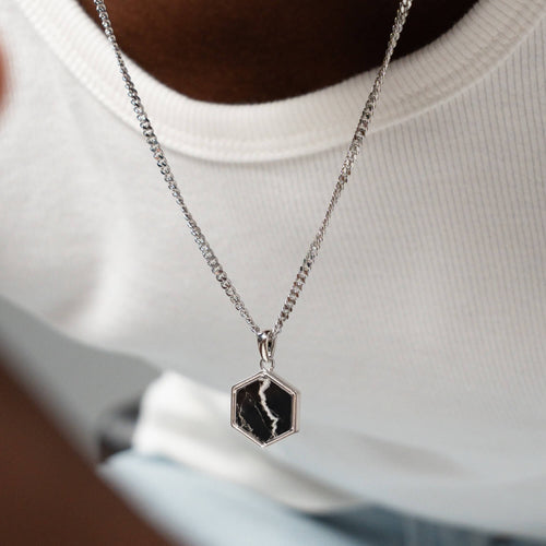 HEXAGON ZWART MARMER COLLIER 925 ZILVER GERHODINEERD - IDENTIM®