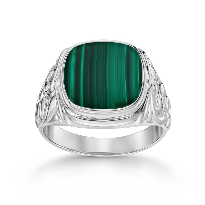 ART NOUVEAU ZEGELRING MALACHIET 585, 750 WITGOUD, 950 PLATINA