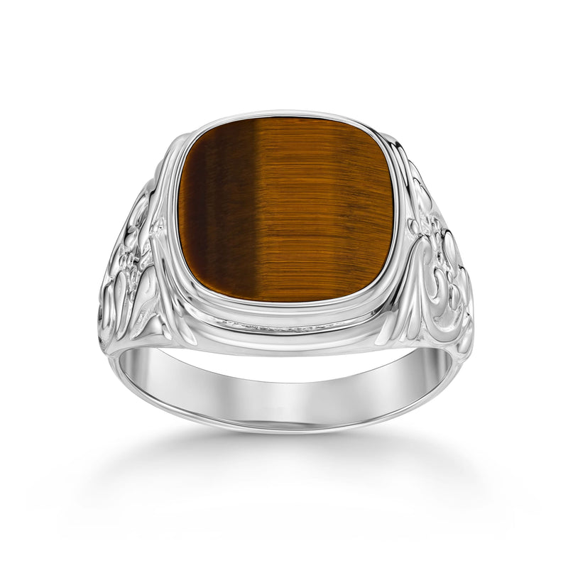 ART NOUVEAU ZEGELRING TIGERAUGE 585, 750 WITGOUD, 950 PLATINA