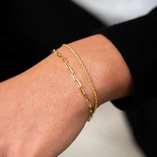 ARMBAND SET KOORD PAPERCLIP 925 ZILVER 18 KARAAT VERGULD - IDENTIM®