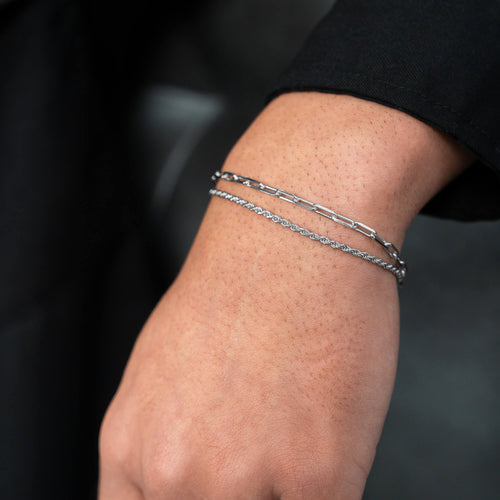 ARMBAND SET KOORD PAPERCLIP 925 ZILVER GERHODINEERD - IDENTIM®