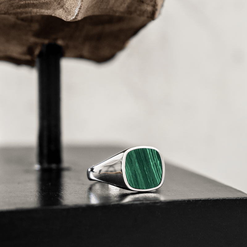 ZEGELRING MALACHIET VIERKANT 925 ZILVER GERHODINEERD
