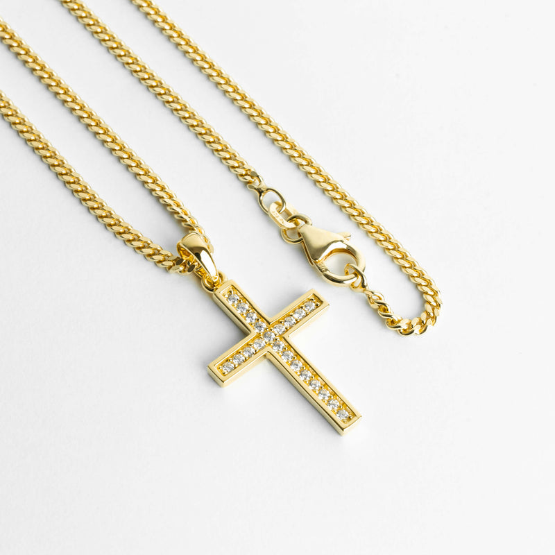 KRUIS KETTING ICED OUT 925 ZILVER 18 KARAAT VERGULD