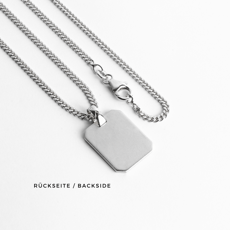 GRAVEERPLAATJE ACHTHOEK COLLIER 925 ZILVER GERHODINEERD