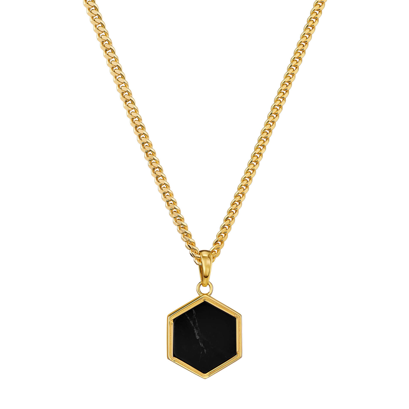 HEXAGON ZWART MARMEREN COLLIER 925 ZILVER 18 KARAAT VERGULD