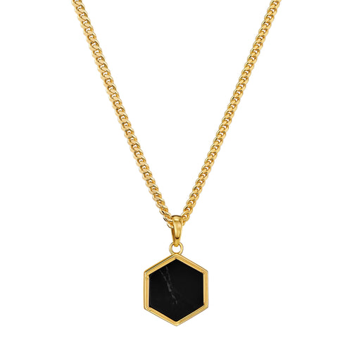 HEXAGON ZWART MARMEREN COLLIER 925 ZILVER 18 KARAAT VERGULD