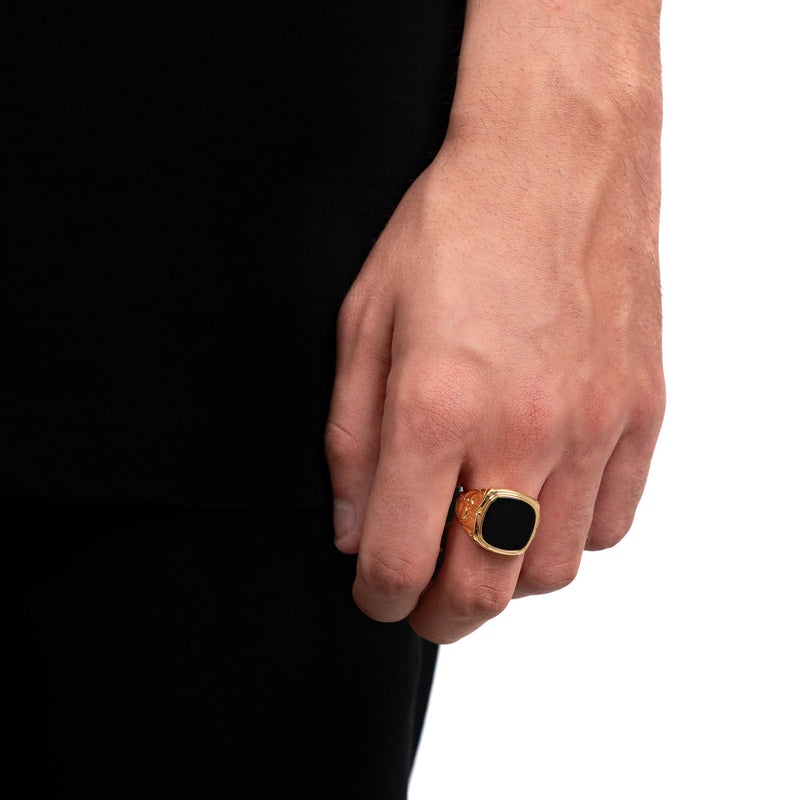 ART NOUVEAU ZEGELRING ONYX 585, 750 GOUD