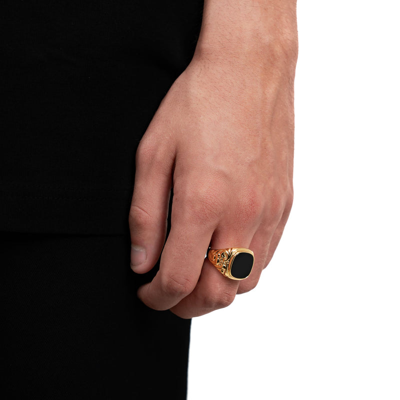 ART NOUVEAU ZEGELRING ONYX 585, 750 GOUD