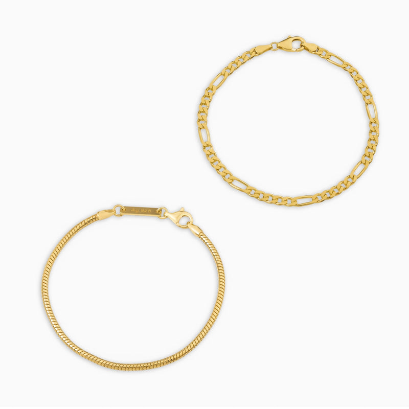 ARMBANDENSET SLANG FIGARO GOUDEN ARMBAND 925 ZILVER 18 KARAAT VERGULD