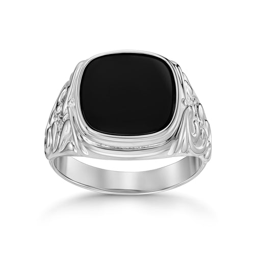 ART NOUVEAU ZEGELRING ONYX 585, 750 WITGOUD, 950 PLATINA