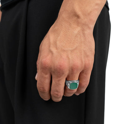 ART NOUVEAU ZEGELRING MALACHIET 585, 750 WITGOUD, 950 PLATINA