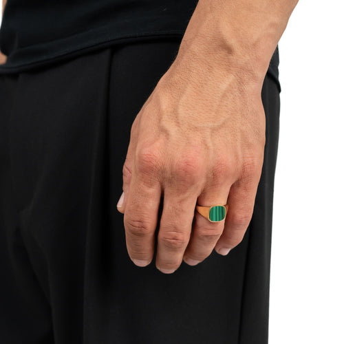 ZEGELRING MALACHIET VIERKANT 585, 750 GOUD