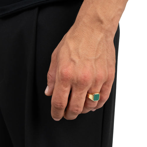 ZEGELRING MALACHIET ACHTHOEK 585, 750 GOUD
