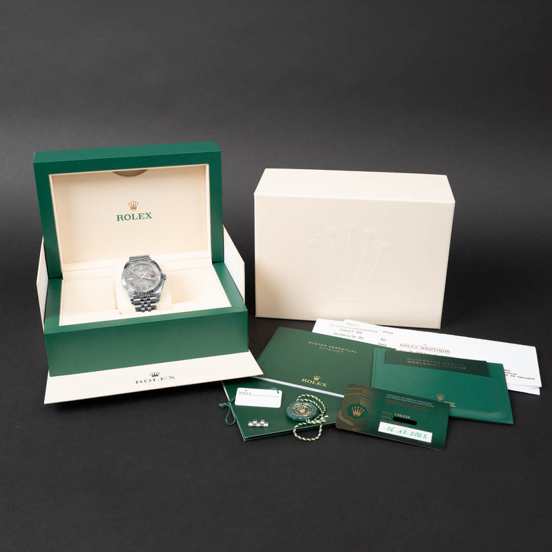 ROLEX DATEJUST 41 STAAL - WIMBLEDON - JUBILEUM - 126334 - 2023 - VOLLEDIGE SET - NAUWELIJKS GEDRAGEN